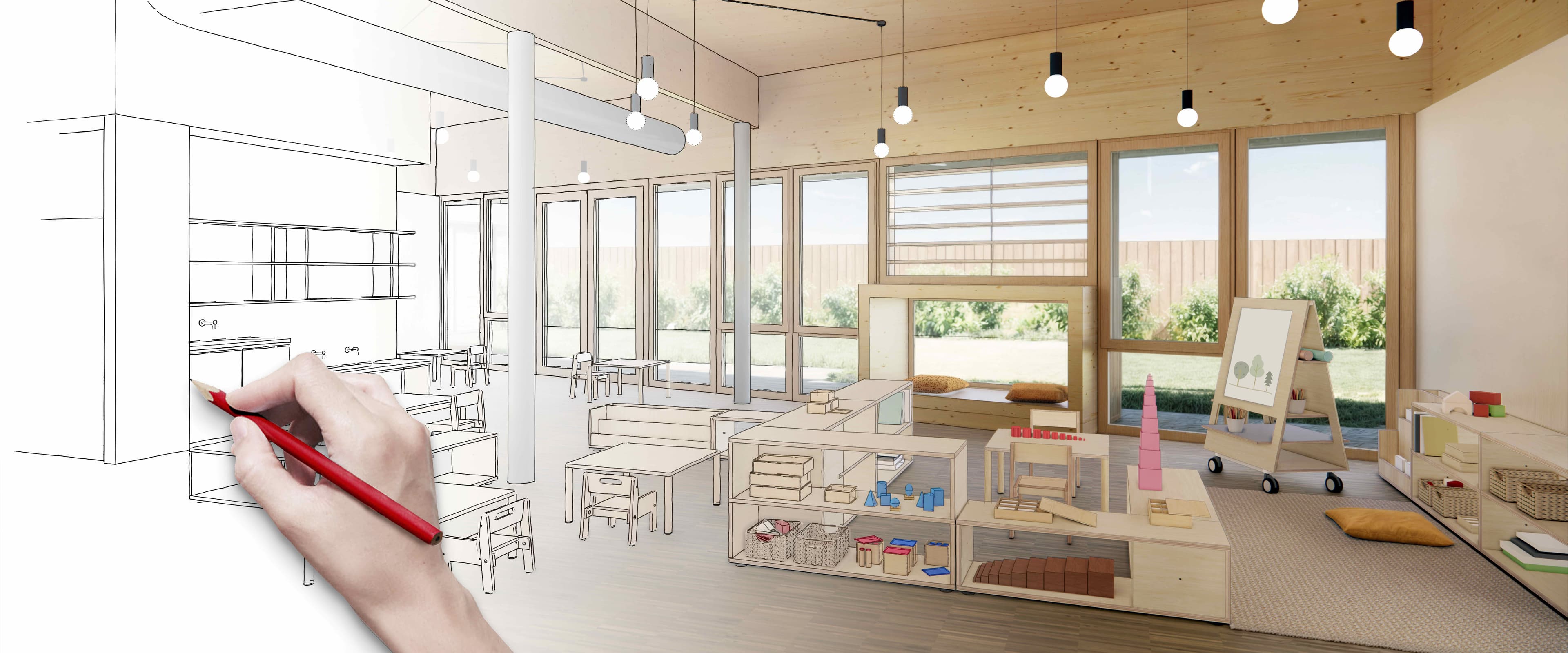 A Montessori environment, one half is a drawing, and the other half is a visualization, hand drawn.