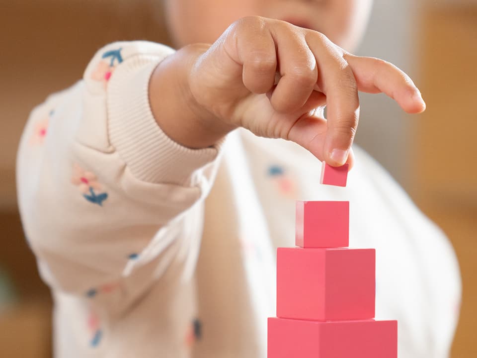 A child's hand stacking pink blocks from a Pink Tower.