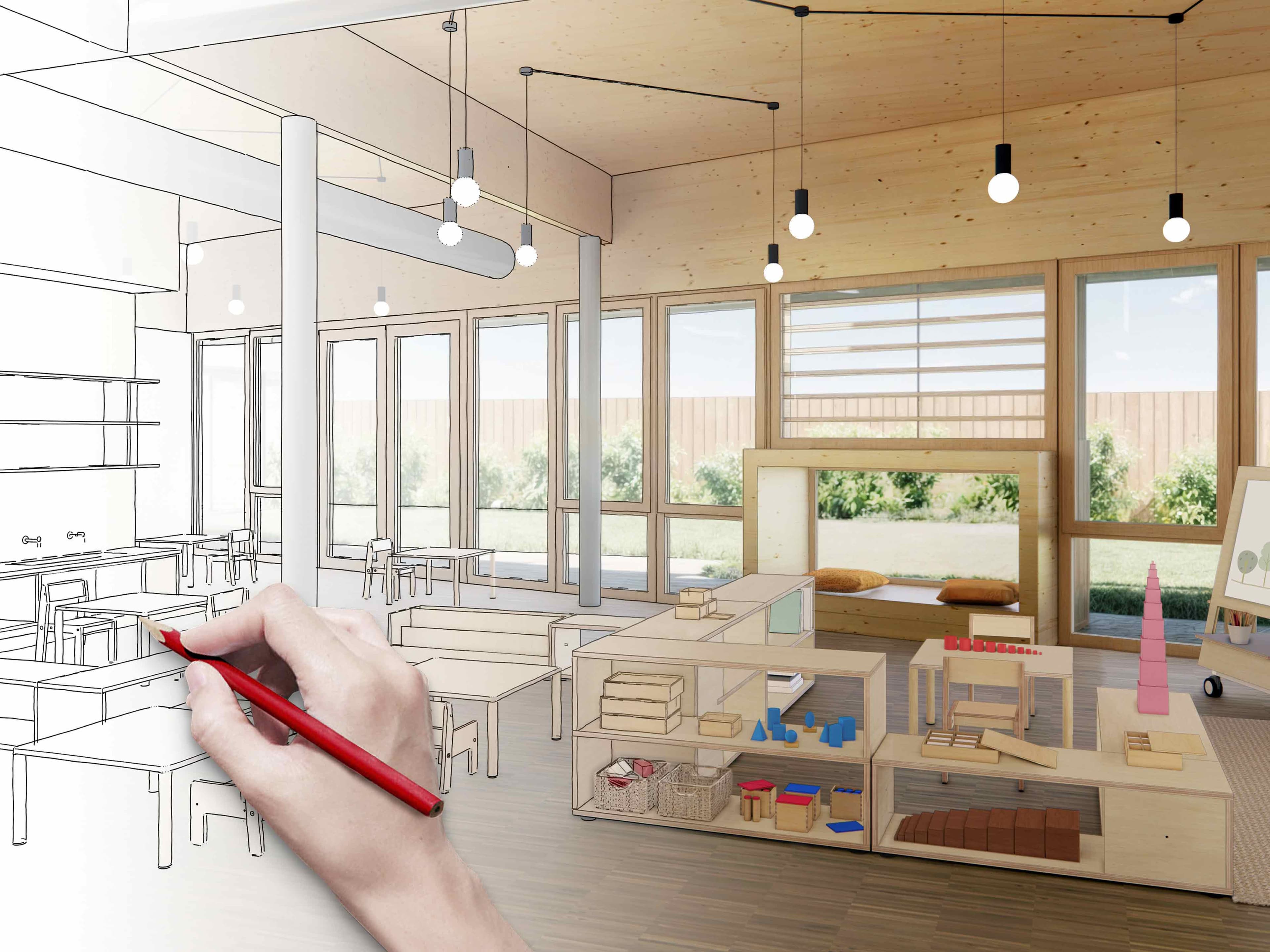 A Montessori environment, one half is a drawing, and the other half is a visualization, hand drawn.